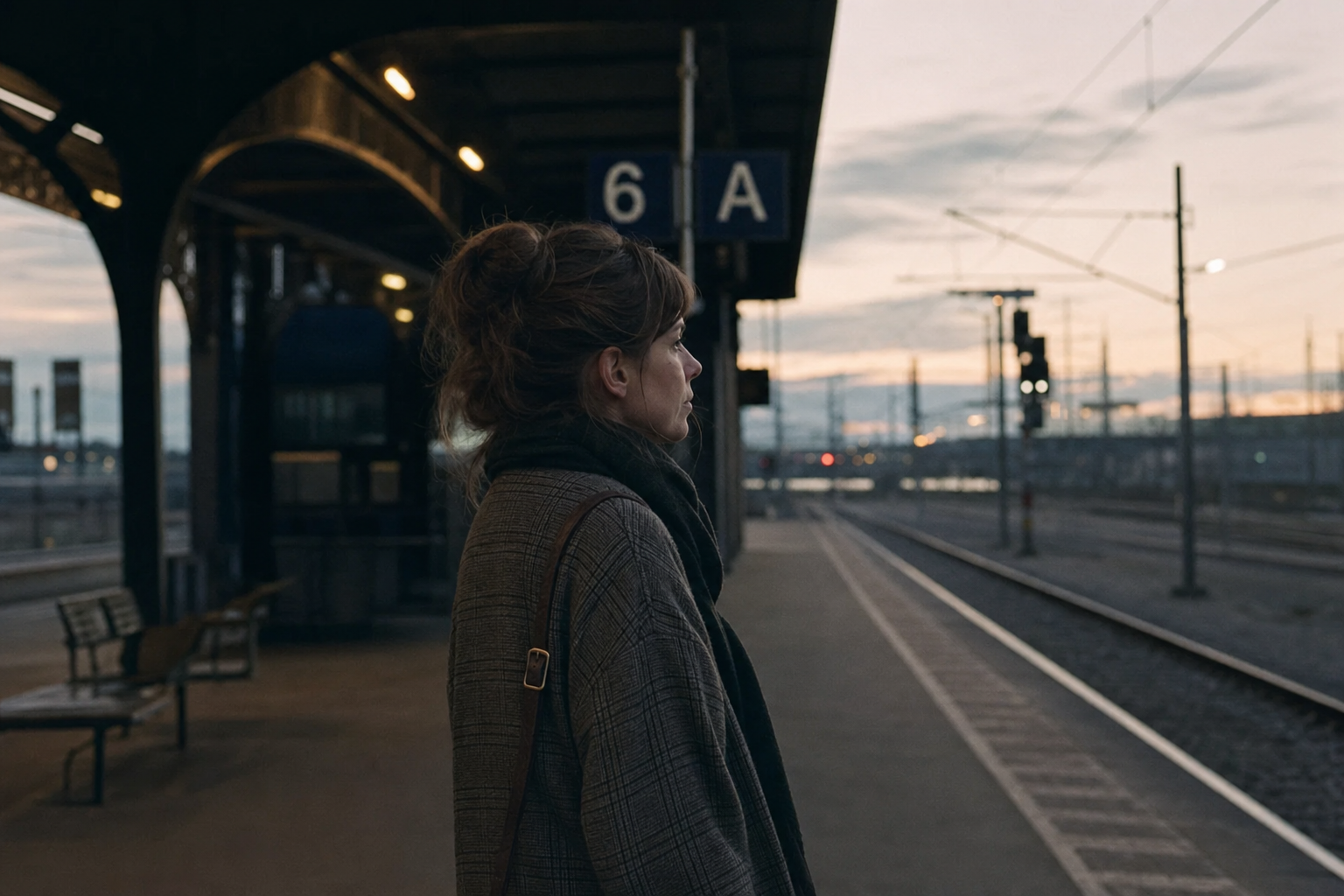 Colorización neutra y desaturada de una mujer esperando un tren